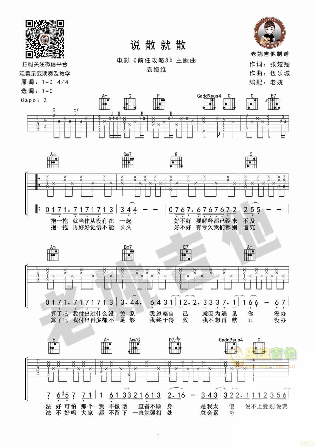 《说散就散》袁娅维 视频教学 [老姚吉他]c调-吉他六线谱