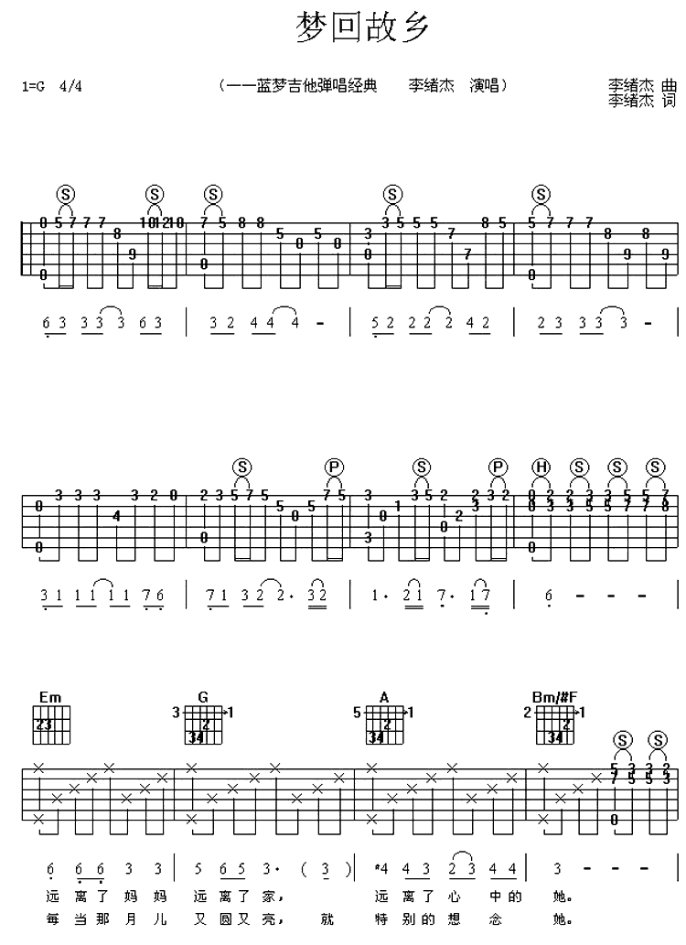 梦回故乡调-六线吉他谱