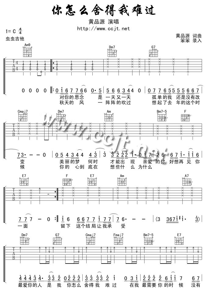 你怎么舍得我难过调-六线吉他谱