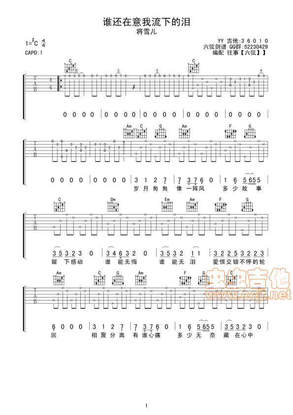 谁还在意我留下的泪C调-六线吉他谱