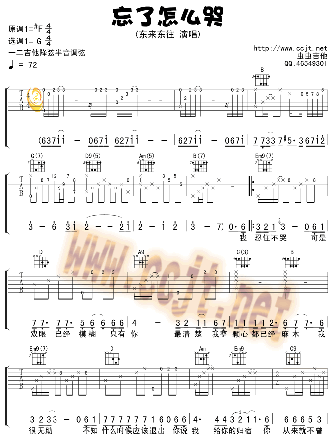 忘了怎么哭调-六线吉他谱，调，东来东往，吉他秀网站是吉他爱好者的天堂，提供专业全面的东来东往吉他谱