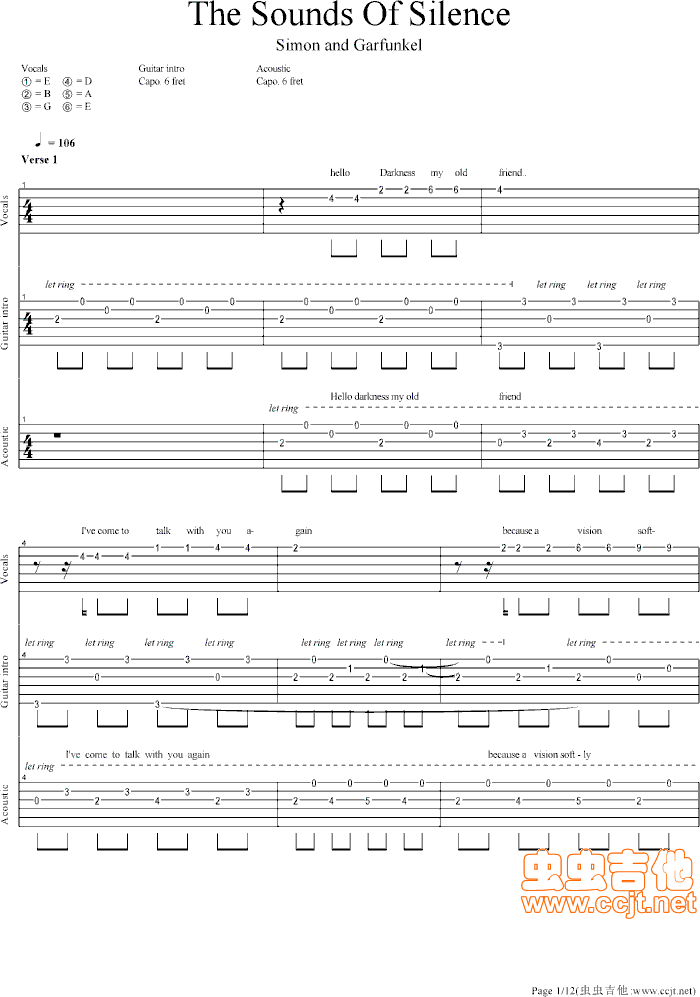 寂静之声-The Sounds Of SilenceC调-六线总谱吉他谱