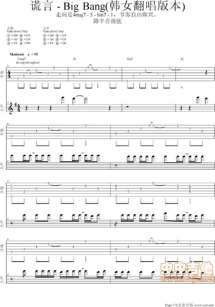 bigbang  谎言 女声版 G调-吉他六线谱