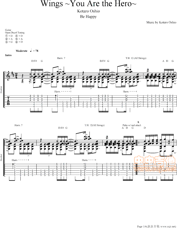 wings you are the hero-押尾~D调-六线谱-吉他独奏谱