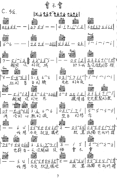 会不会(陈绮贞手稿）调-吉他六线谱