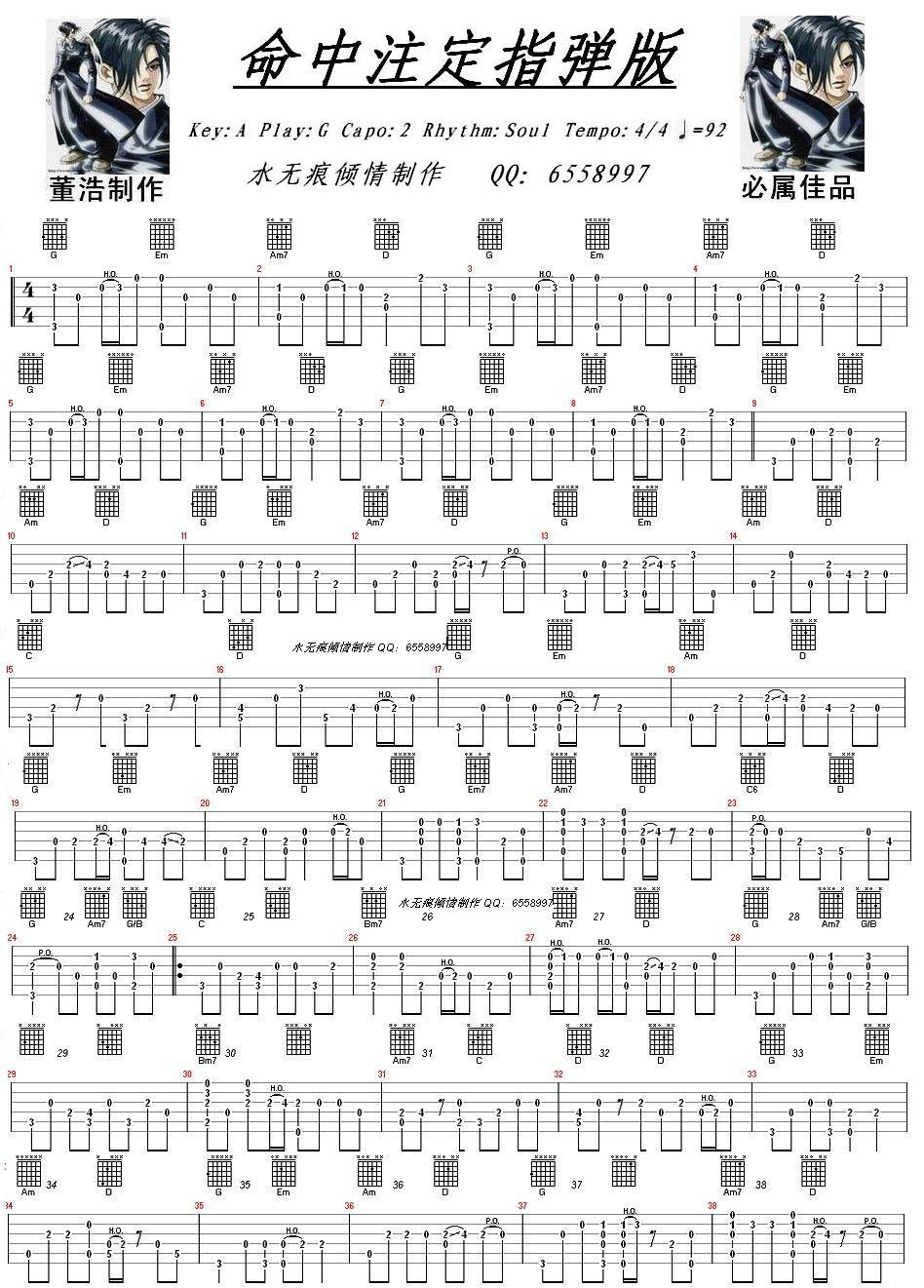 命中注定（指弹独奏完美自制图片谱）调-吉他六线谱