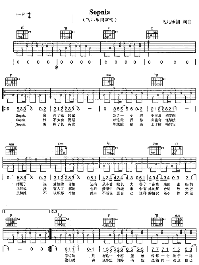 Sopnia调-吉他六线谱