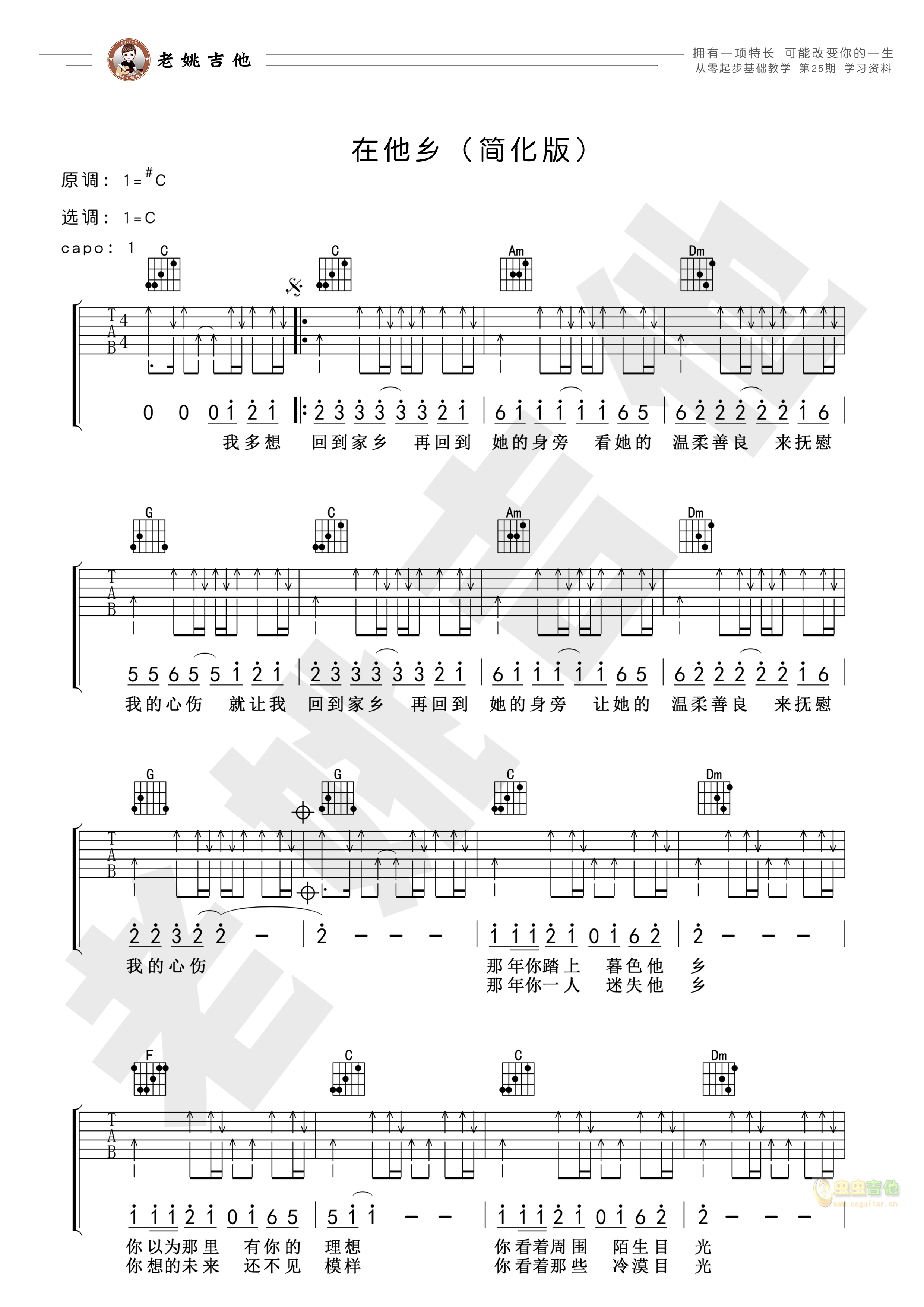 《在他乡》 视频教学[老姚吉他]C调-吉他六线谱