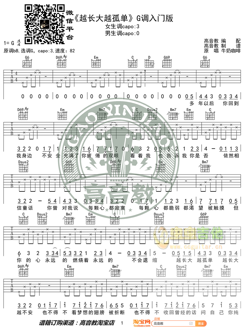 《越长大越孤单》入门版 高音教编配 猴哥吉他教学G调-吉他六线谱