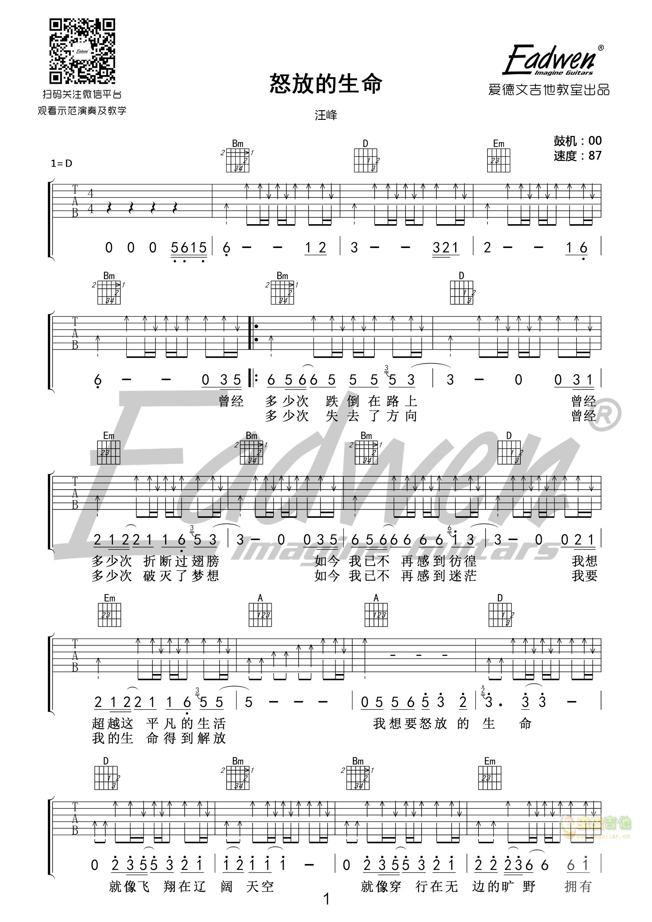 怒放的生命-爱德文吉他教室版D调-吉他六线谱