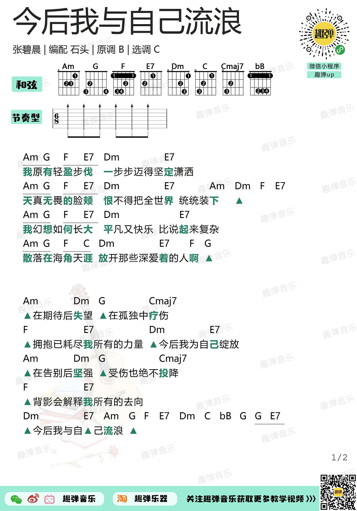 《今后我与自己流浪》吉他谱_高清C-和弦谱_趣弹吉他C调-吉他六线谱