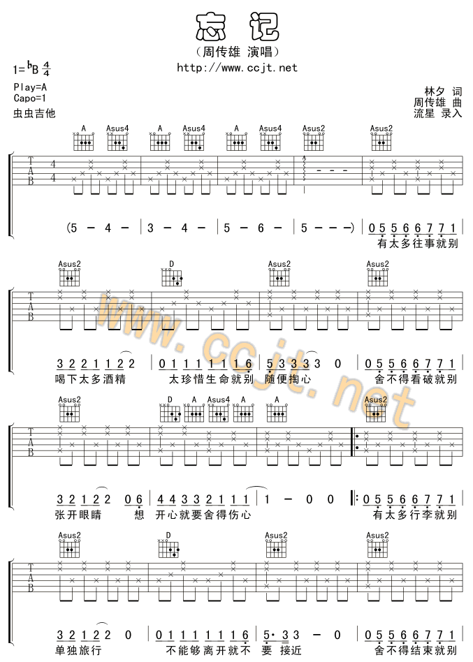 忘记-版本一调-吉他六线谱
