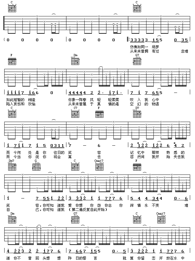 野百合也有春天 -认证谱调-吉他六线谱